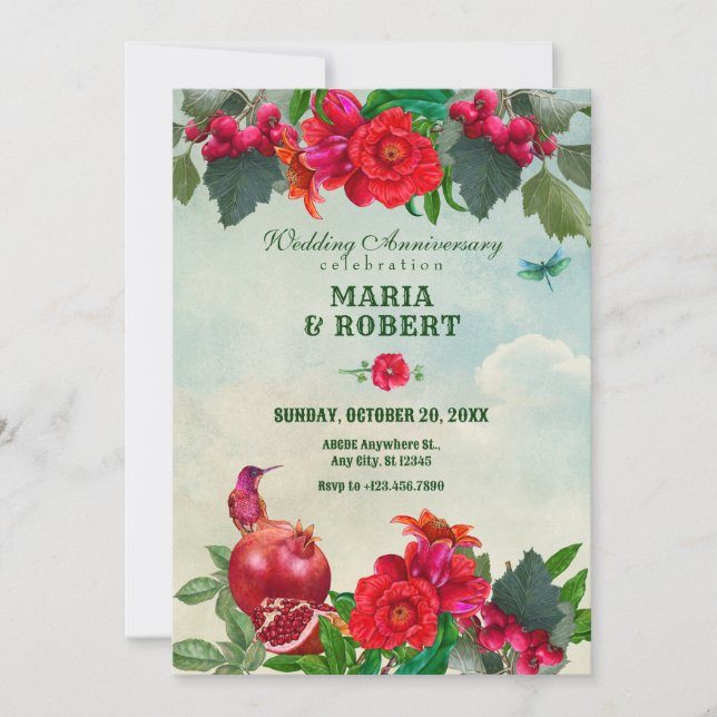 Flowers Bird Retro Vintage wedding anniversary Invitation (Front)