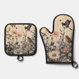 Flowers, Birds & Butterfly on Aged Paper (1) Oven Mitt & Pot Holder Set