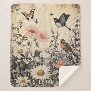 Flowers, Birds & Butterfly on Aged Paper (1) Sherpa Blanket