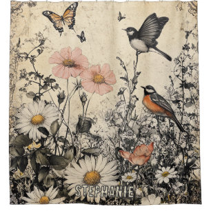 Flowers, Birds & Butterfly on Aged Paper (1) Shower Curtain