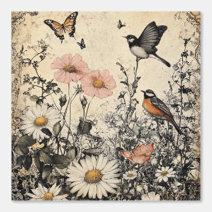 Flowers, Birds & Butterfly on Aged Paper (1) Wallpaper