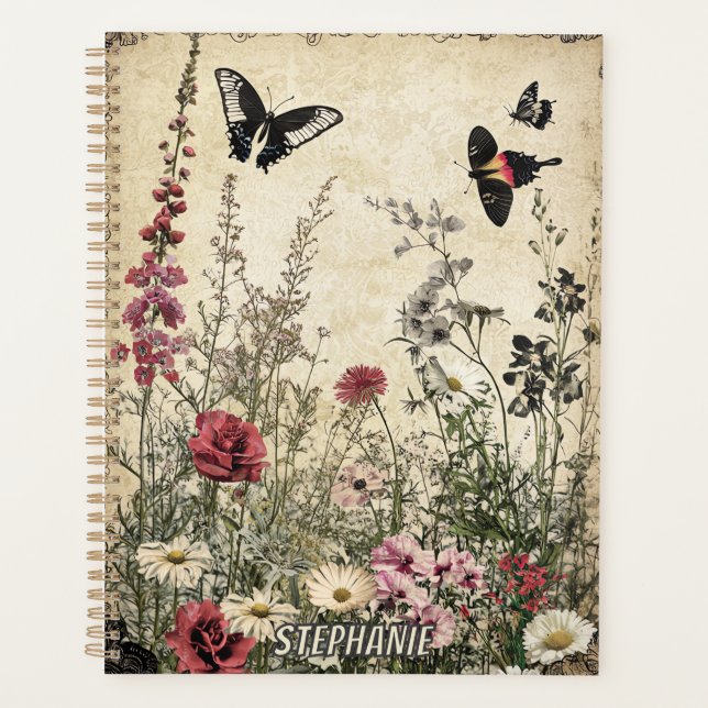 Flowers, Birds & Butterfly on Aged Paper (2) Planner (Front)