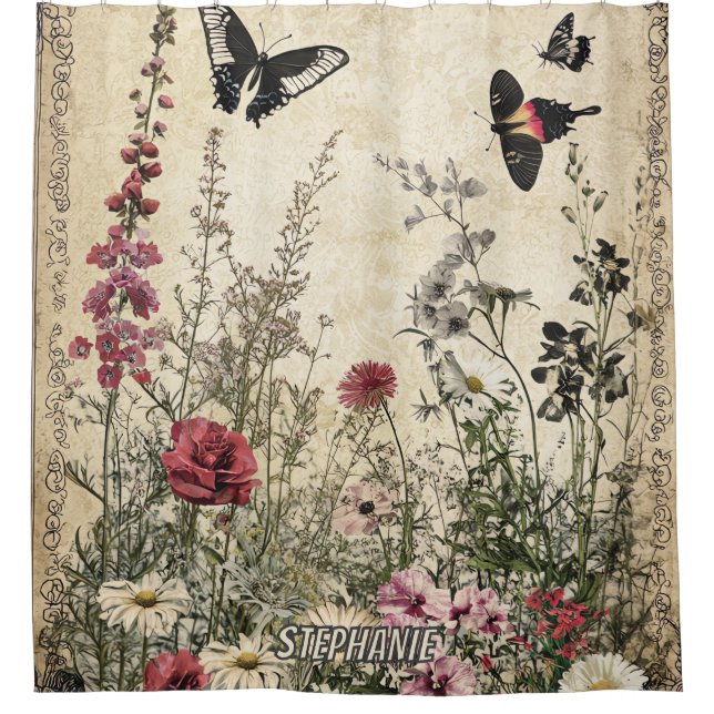 Flowers, Birds & Butterfly on Aged Paper (2) Shower Curtain (Front)