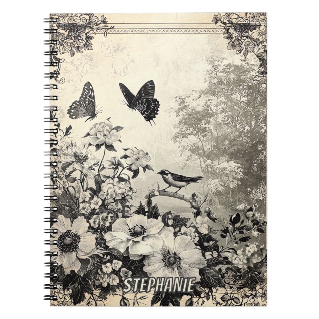 Flowers, Birds & Butterfly on Aged Paper (3) Notebook (Front)