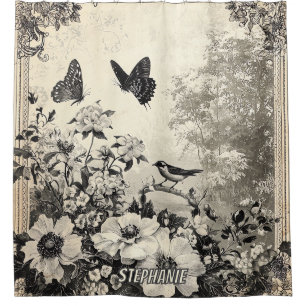 Flowers, Birds & Butterfly on Aged Paper (3) Shower Curtain