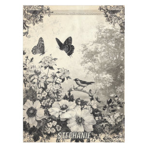 Flowers, Birds & Butterfly on Aged Paper (3) Tablecloth