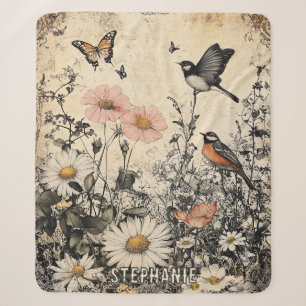 Flowers, Birds & Butterfly on Aged Paper Sherpa Blanket