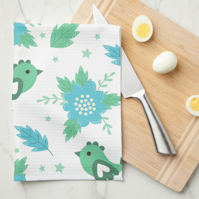 Flowers Birds Pattern Tea Towel (Quarter Fold)