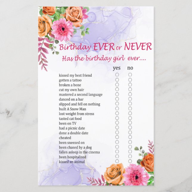 Flowers Birthday Ever or Never Game (Front)