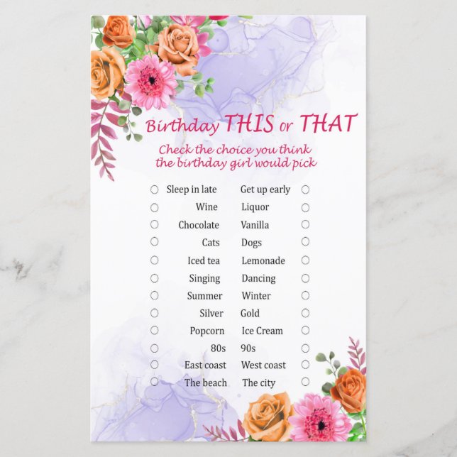 Flowers Birthday This or That Game (Front)