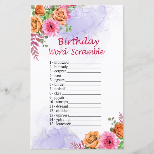 Flowers Birthday Word Scramble Game (Front)