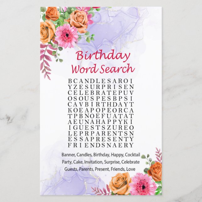 Flowers Birthday Word Search Game (Front)