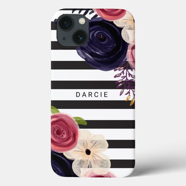 Flowers Black White Striped Personalised Case-Mate iPhone Case (Back)
