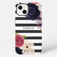 Flowers Black White Striped Personalised