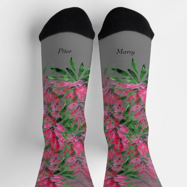 Flowers Bloom Boho Couple Watercolor Monogrammed Socks (Top)