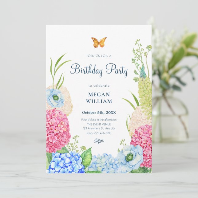 Flowers bloom butterfly birthday invitation (Standing Front)