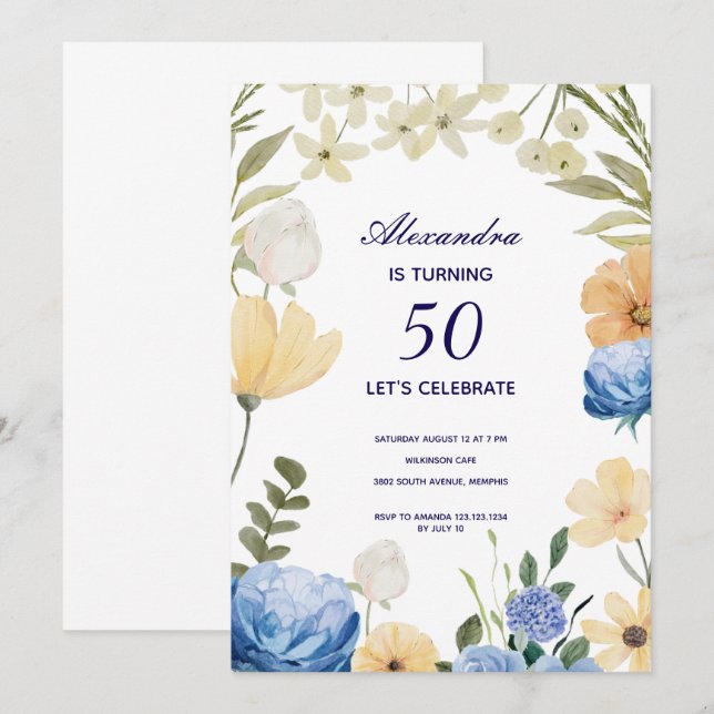 Flowers bloom hydrangea colorful 50th birthday  invitation (Front/Back)