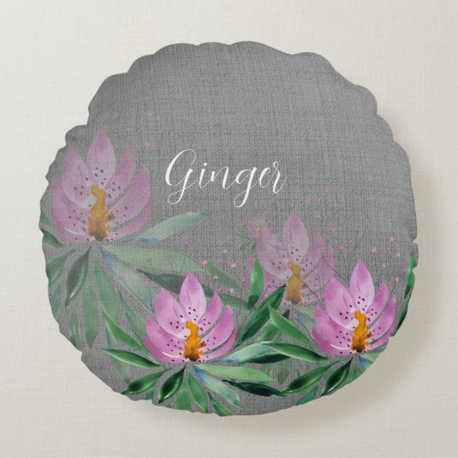 Flowers Bloom Violet Watercolor Art Monogrammed Round Cushion (Front)