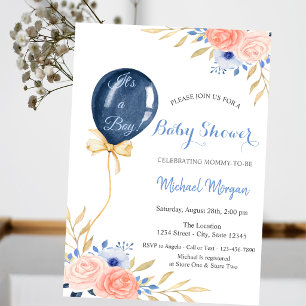 Flowers Blue Balloon,Dots Baby Shower Invitation