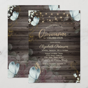 Flowers Blue Butterflies Wood Invitation