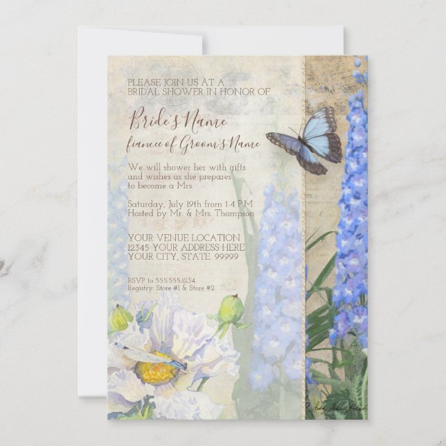 Flowers Blue Butterfly Botanical Bridal Shower Invitation (Front)