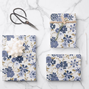 Flowers Blue Vine Botanical Pattern Gift Wrapping Paper Sheet