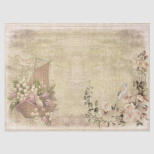 Flowers, Boat and Birds on Distressed Decoupage Tissue Paper