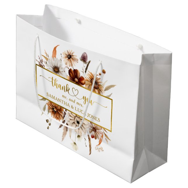 Flowers Boho Fall in Love Gold Foil Wedding Favour Large Gift Bag (Front Angled)