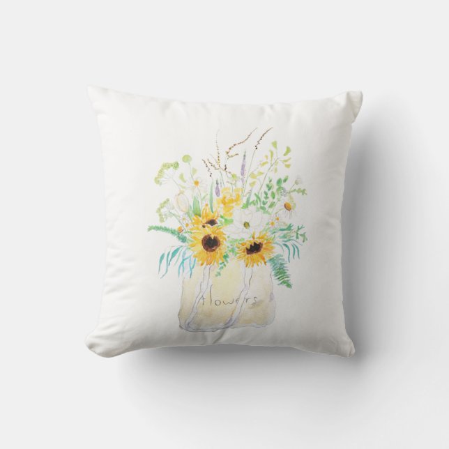 flowers bouquet in a tote watercolor  Throw Pillow (Front)