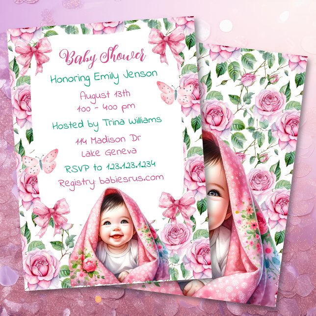 Flowers, Bows and Butterflies Pink Baby Shower Invitation (Creator Uploaded)