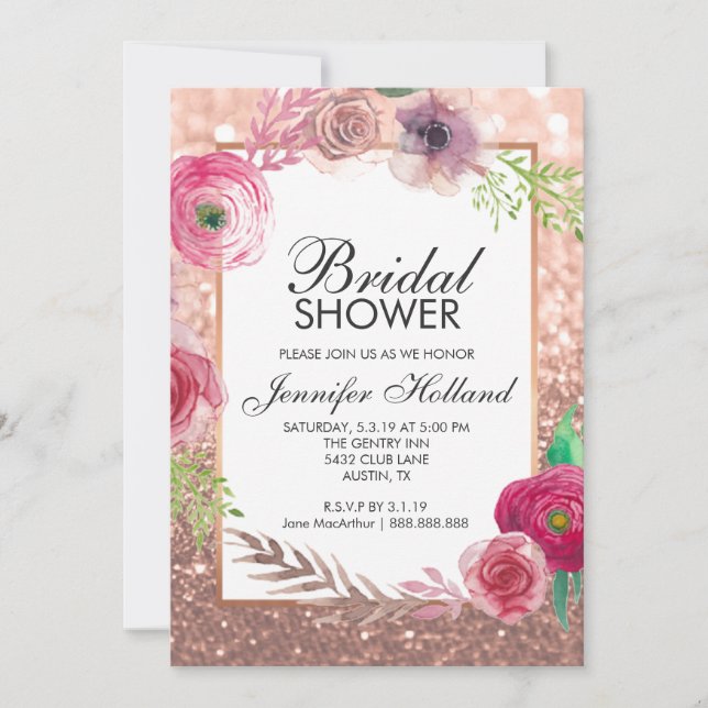 Flowers Bridal Shower Invite Pink RoseGold Glitter (Front)