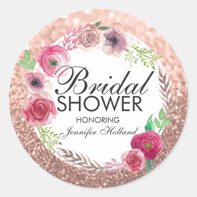 Flowers Bridal Shower Pink Rose Gold Glitter Classic Round Sticker (Front)