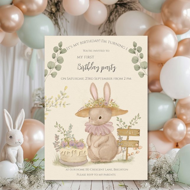 Flowers Bunnies First Birthday Invitation (Creator Uploaded)