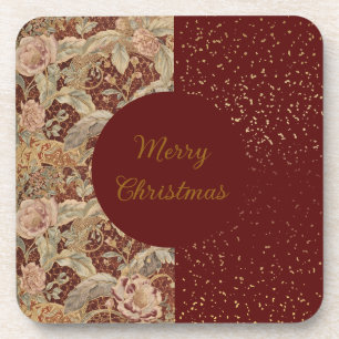 Flowers,Burgundi Red Gold Glitter, Merry Christmas Coaster