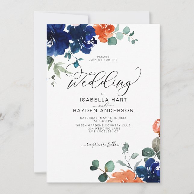 Flowers Burnt Orange Navy Rust Floral Wedding Invitation (Front)