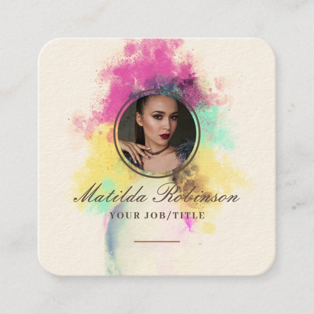 Flowers Burst Add Circular Photo Gold Signature Square Business Card (Front)