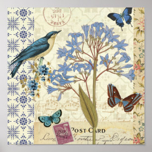 Flowers, Butterflies, and Bird Collage Poster