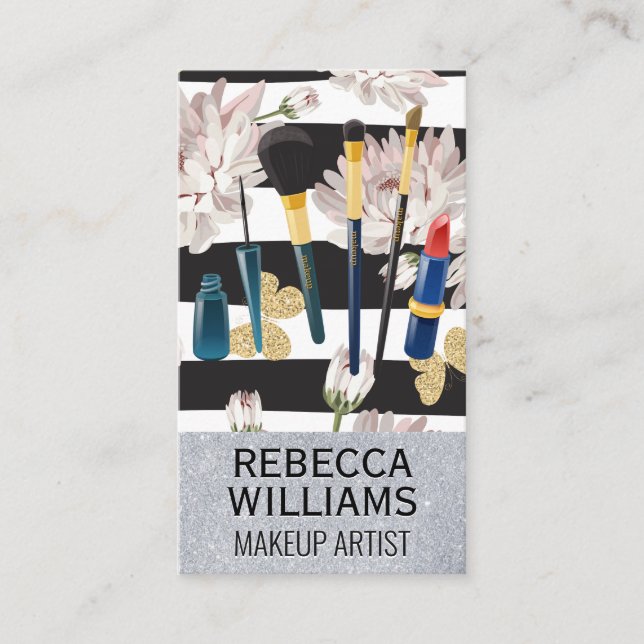 Flowers Butterflies and Stripes | Makeup Set Business Card (Front)