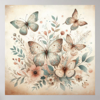 Flowers butterflies in pastel colours watercolor  poster