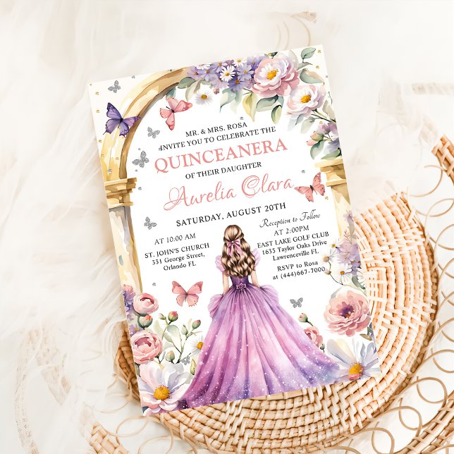 Flowers Butterflies Lilac Princess Quinceañera Invitation (Creator Uploaded)