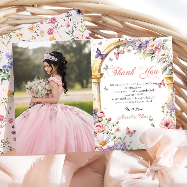  Flowers Butterflies Lilac Quinceañera Photo Thank You Card (Creator Uploaded)