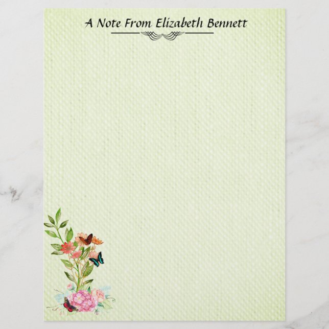 Flowers Butterflies on Green Stationery Custom Letterhead (Front)