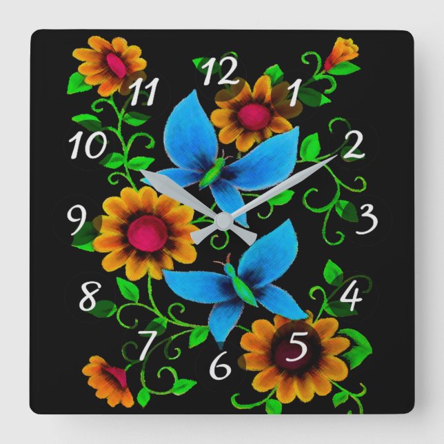 Flowers & Butterflies Square Wall Clock (Front)