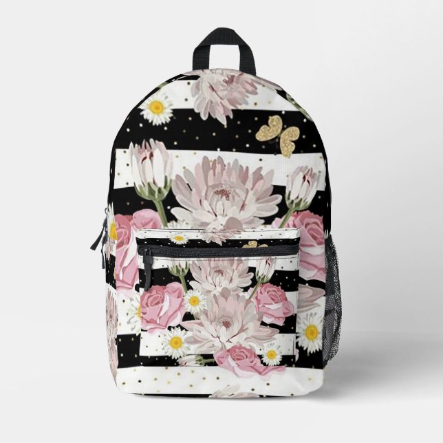 Flowers,Butterflies & Stripes Printed Backpack (Front)