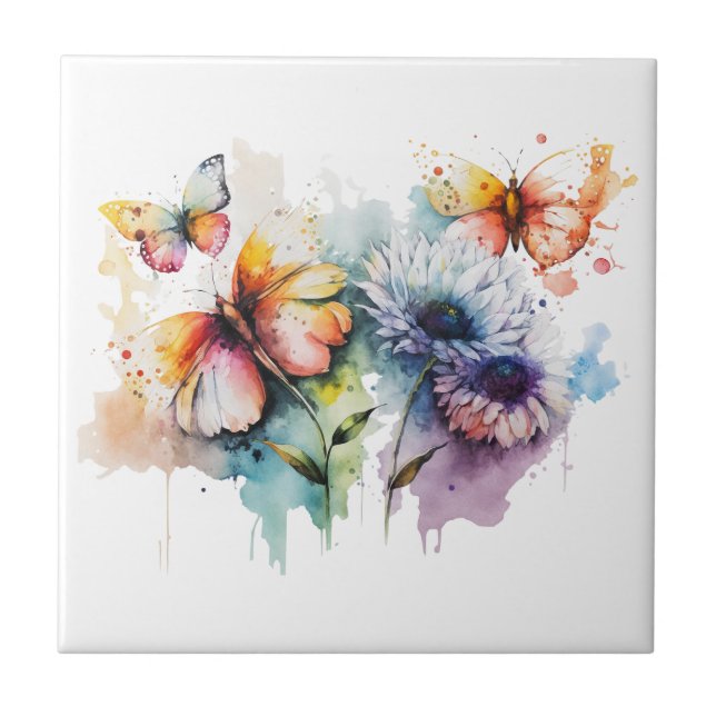 Flowers Butterflies Watercolor Purple Yellow Blue  Tile (Front)