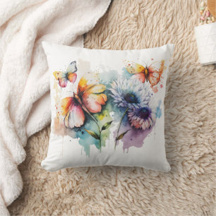 Flowers Butterflies Watercolor Yellow Blue Purple  Cushion