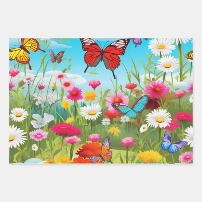 Flowers  Butterflies Wrapping Paper Sheet Set of 3 (Front)