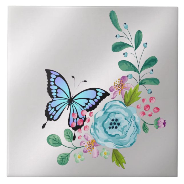 Flowers & Butterfly Ceramic Tile (Front)
