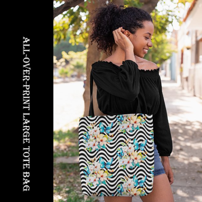 Flowers Butterfly Pattern Black White Wavy Stripes Tote Bag (Flowers Butterfly Pattern Black White Wavy Stripes Tote Bag, blue, black & white, floral, large bag,)
