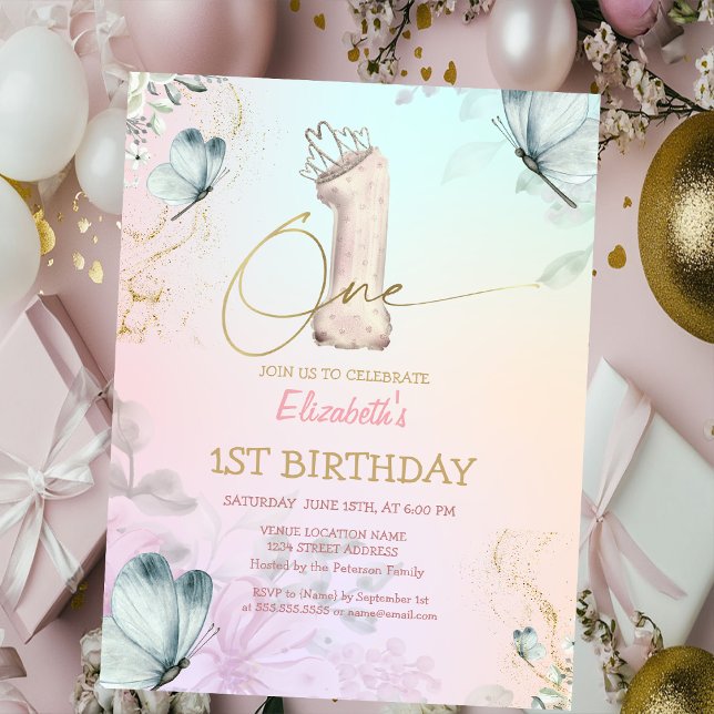  Flowers Butterfly Striped Colorful 1s Birthday Invitation (Creator Uploaded)